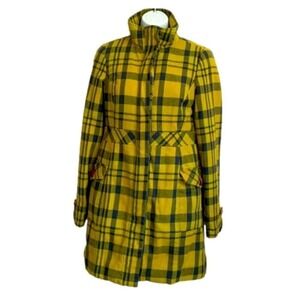 Y2K long line‎ plaid tartan wool pea coat bright olive green & blue sz Small